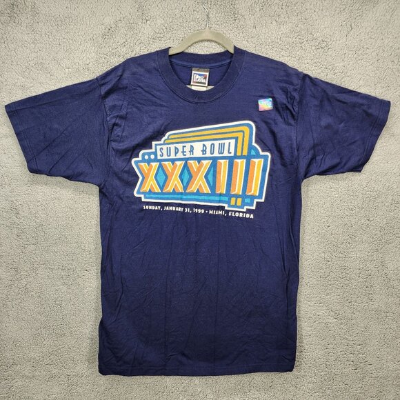 Super Bowl XXXIII 1999 Denver Broncos vs Atlanta Falcons Men Medium Blue T-Shirt - Picture 1 of 8